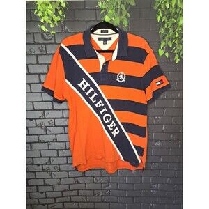 Tommy Hilfiger Men's XL Short Sleeve Polo Shirt Spell Out Y2K 90s Blue Orange